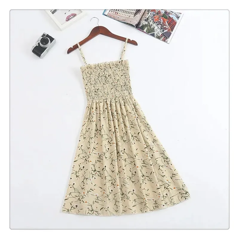 ฤดูร้อนมินิเดรสแฟชั่นหญิง Elastic High เอว Casual สปาเก็ตตี้สายคล้องคอผู้หญิงชุดชีฟอง Vestidos