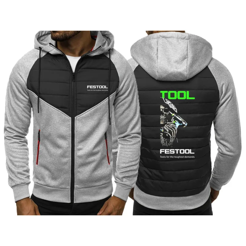 2025 Personality Patchwork Huvtröjor Vår Och Höst Dragkedja Huvkappa Herr Festool Verktyg Grafik Logotyptryck Slim Jacka