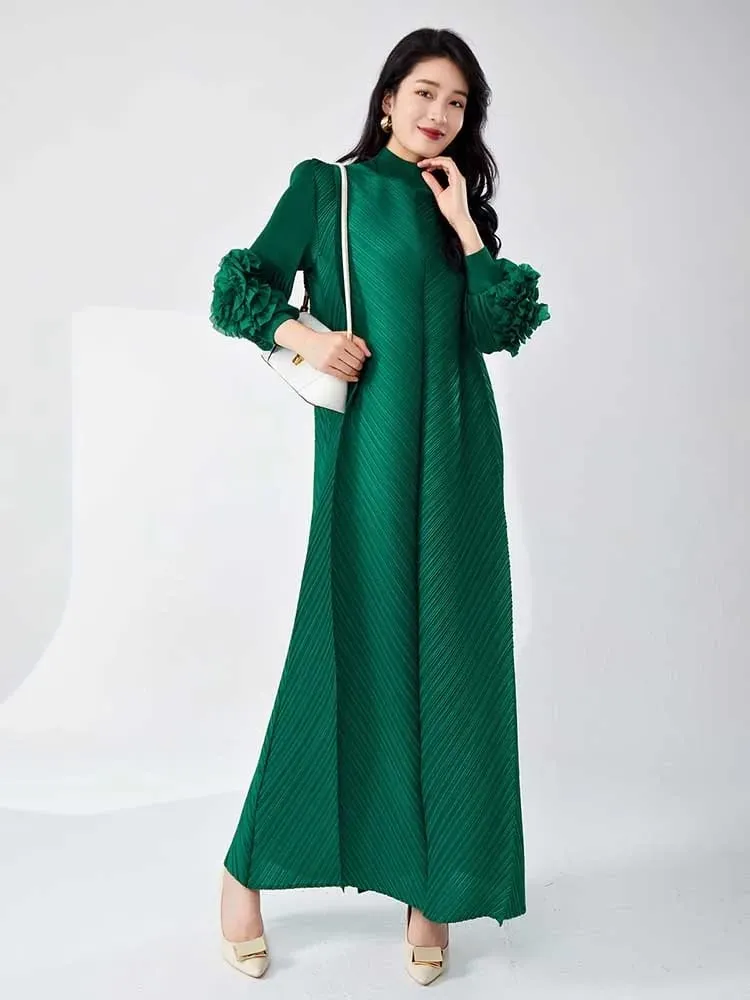 Long Pleated Dress With Ruffles Sleeves Loose Solid Color Stitching Female Party Clothing Summer New Clothes 2DA5900