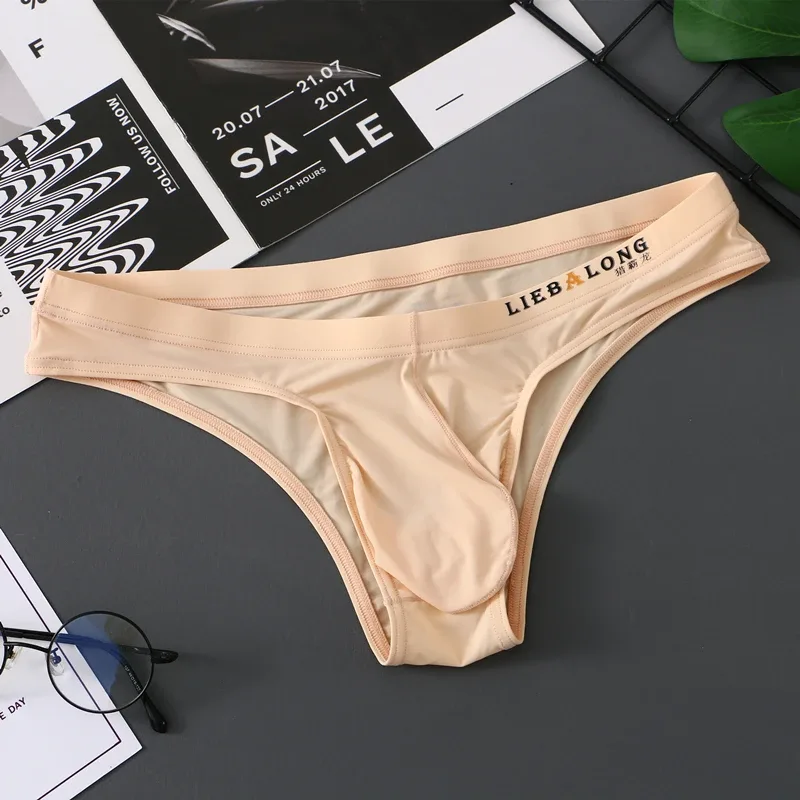 Slip homme Bikini sous-vêtements Sexy homme soie glacée pochette pénis Slip Cuecas Calzoncillos Hombre Slip Gay Lingerie solide homme