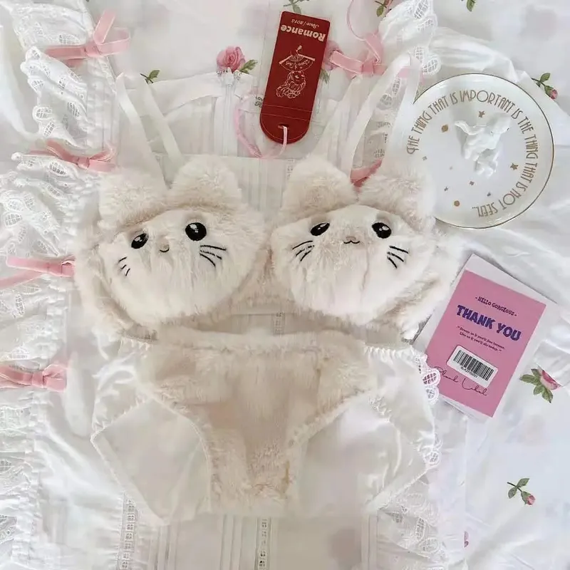 اليابانية Kawaii القطيفة النساء الصدرية مجموعة لطيف فتاة القط مريحة الصدرية مجموعة الكرتون الملابس الداخلية جميل لينة طالب الملابس الداخلية