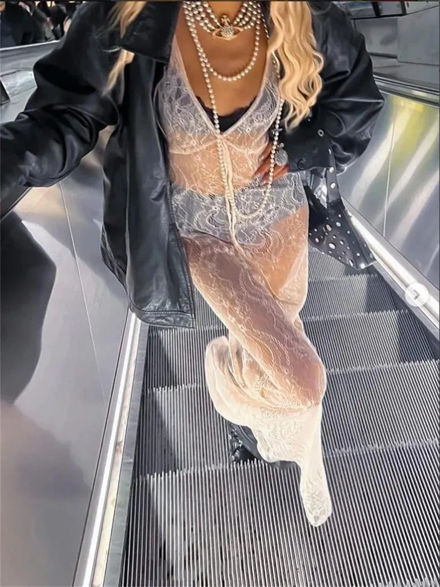y2k Tøj Kvinders Sexet Gennemsigtig Blonde Blomster Ren Tank Kjole Sommer Ærmeløs V-hals Cover-up Lang Kjole Streetwear