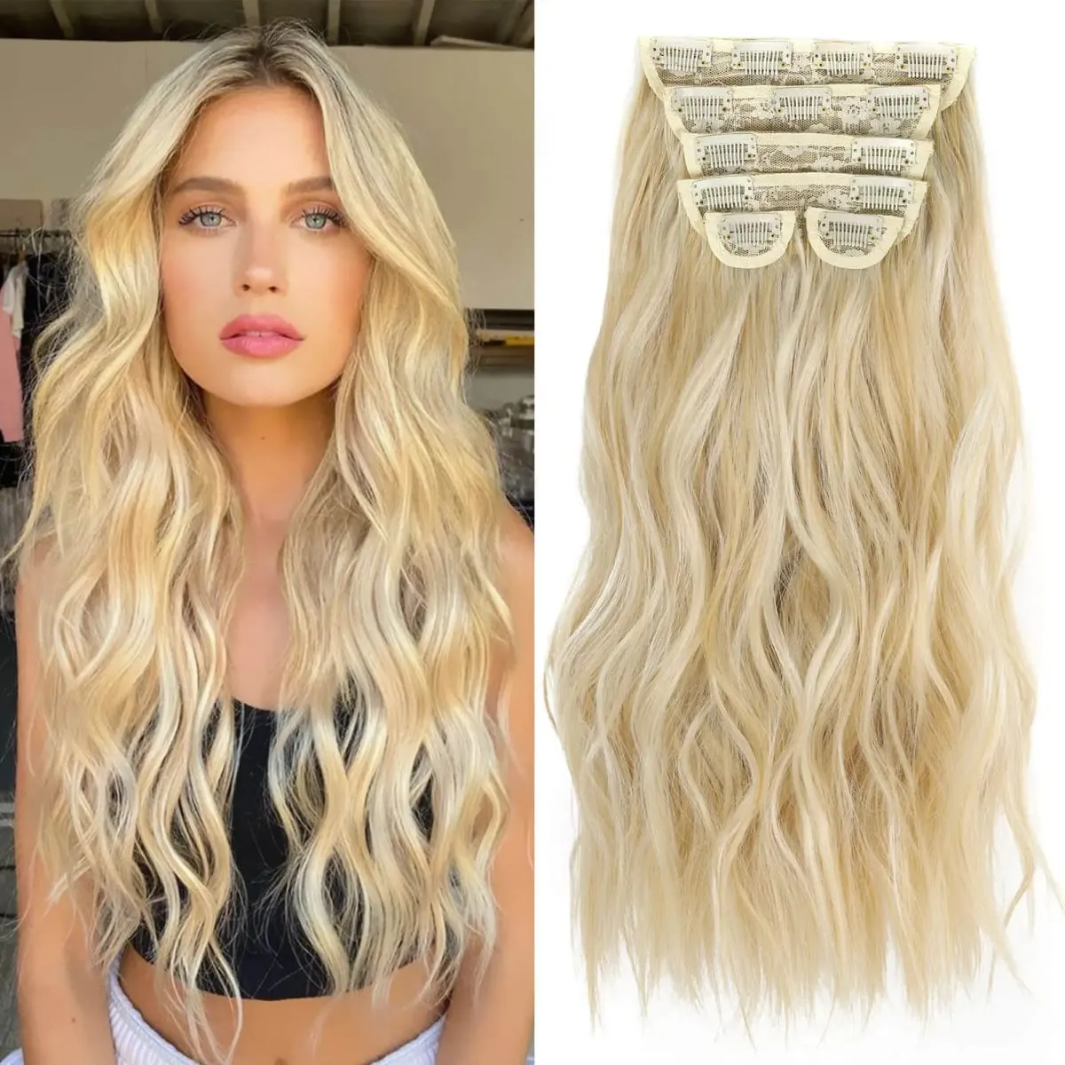 Synthetic Long Wavy Clip In Hair Extensions 20" Thick Hairpiece 6pcs/set For Women Brown Blonde Black Natural Fake Fiber Hair