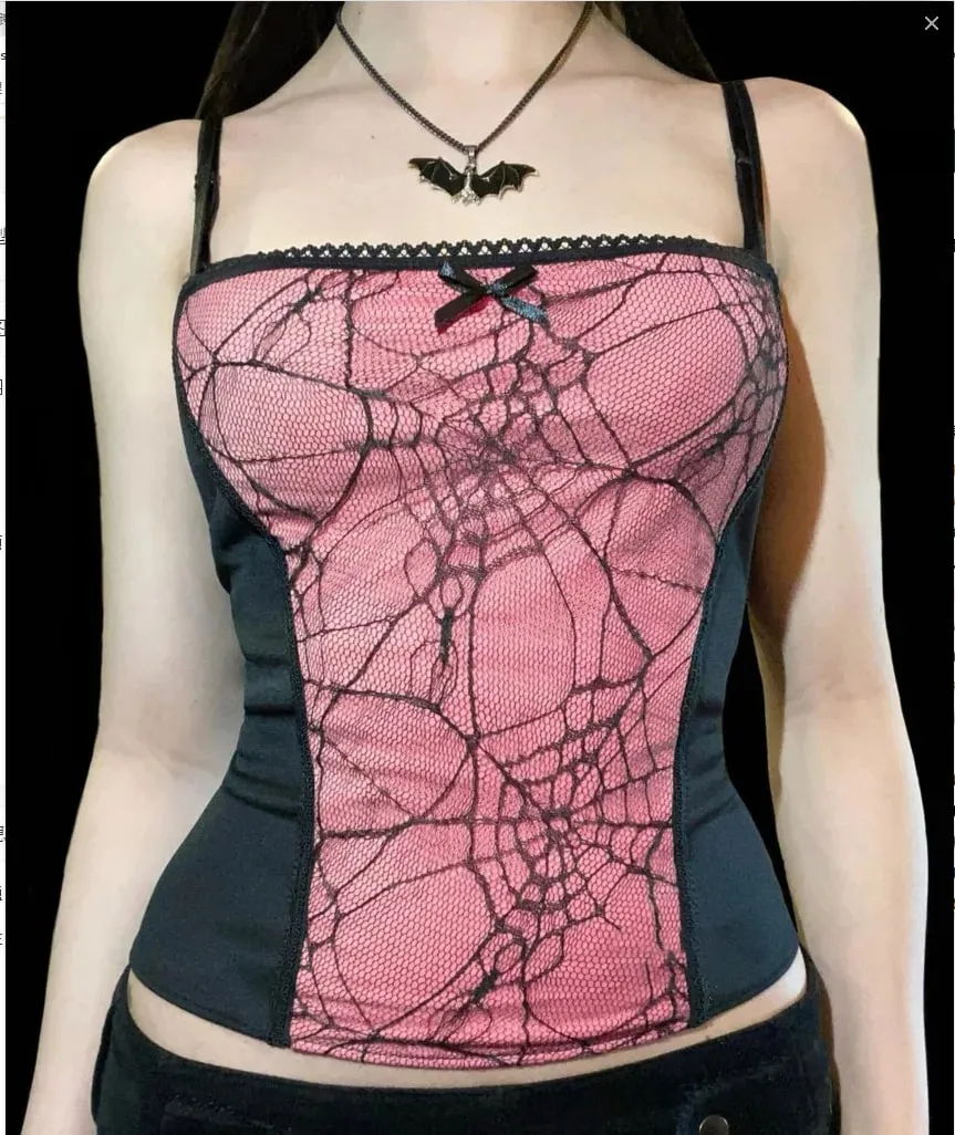 Gothic Punk Girl Spider Web Pattern Lace Patchwork Camis Women Sexy Sleeveless Square Collar Slim Tank Top Streetwear Crop Top