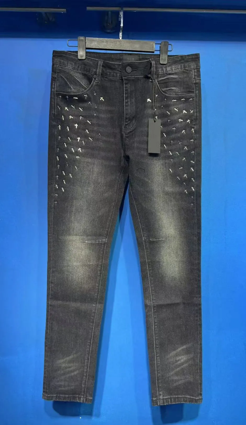 New RTA Destroyed Scratch Hole Light Blue Distressed Jeans Men's High Street Elastic Slim Fit Jeans 2026 Brand Pants Streetwear