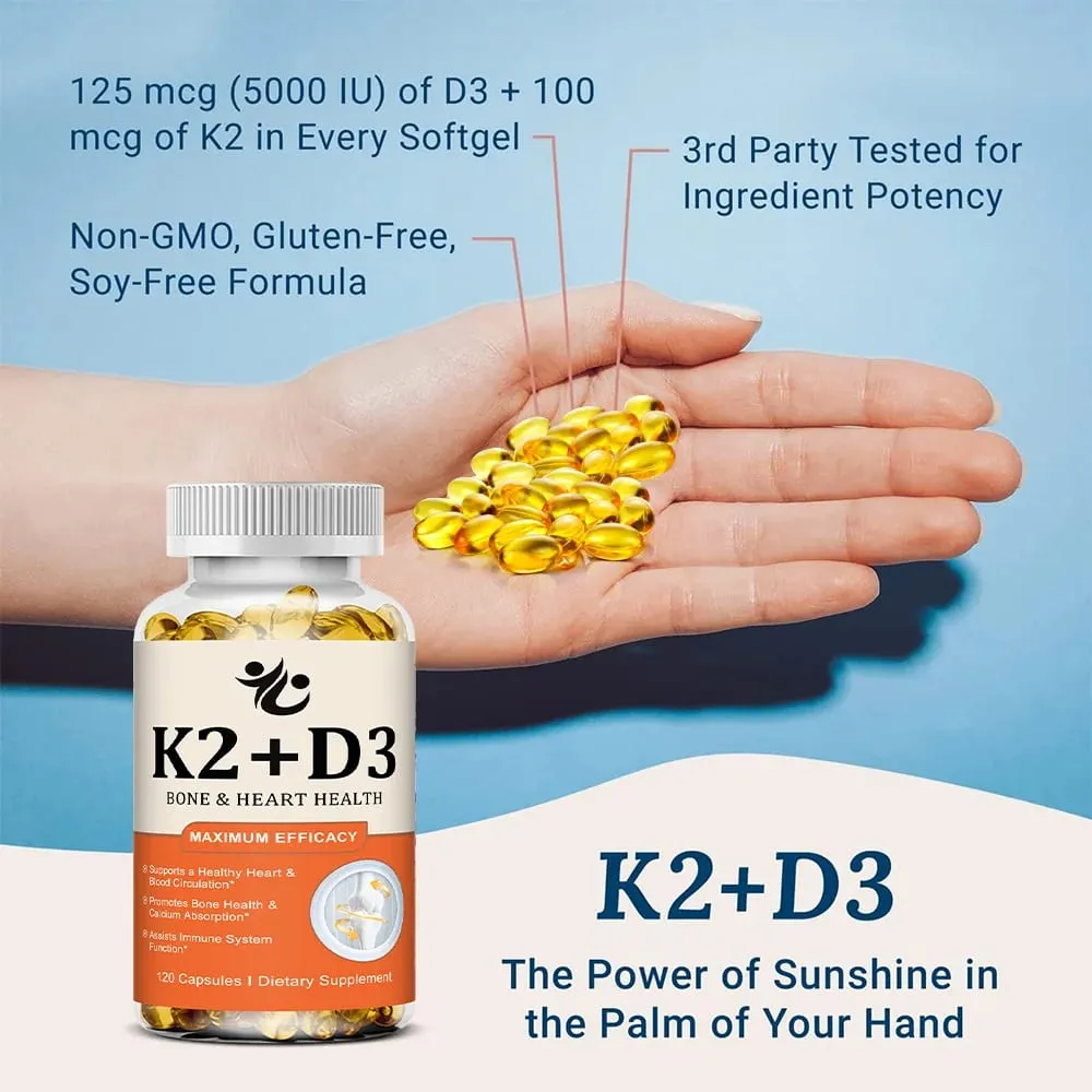Vitamin D3 5000 IU + K2 MK-7 100mcg Capsules Support Nutrient Absorption Metabolism Bone Heart Health & Immune System