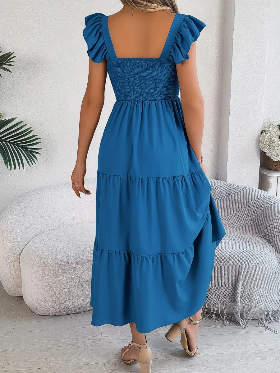 Msfilia vestido longo feminino liso sem mangas com gola quadrada evasê plissado para primavera e verão