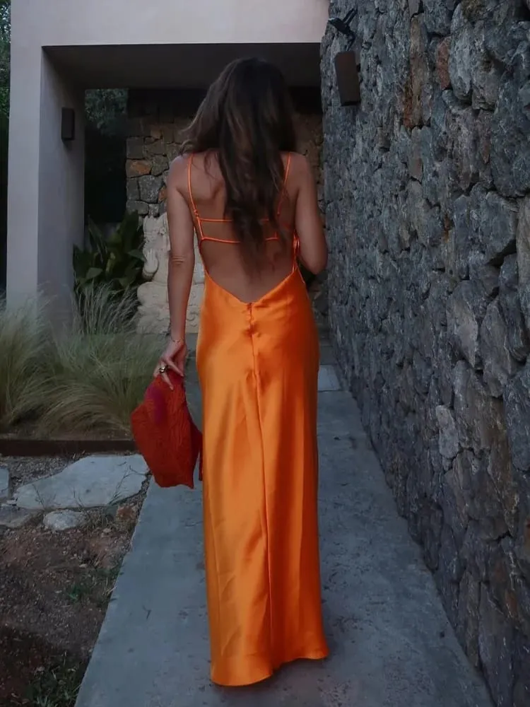 Katı Backless Leke Maxi Elbise kadın Rahat Spagetti Kayışı V Yaka Yüksek Bel Elbiseler 2026 Bayan Yaz Tatil Partisi Törenlerinde