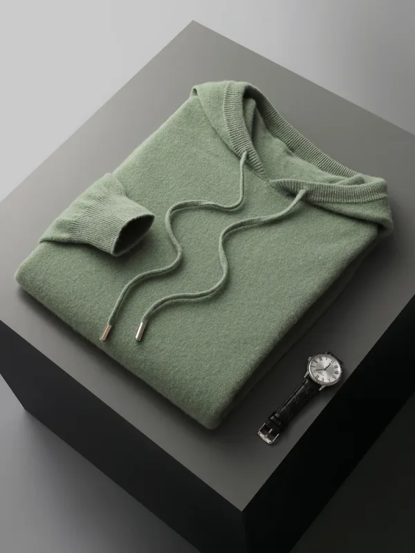 Men's 100% Merino Wool Sweater Hooded Collar Knitted Pullover Sweatshirt Autumn Winter Casual Large Tops Long Sleeved