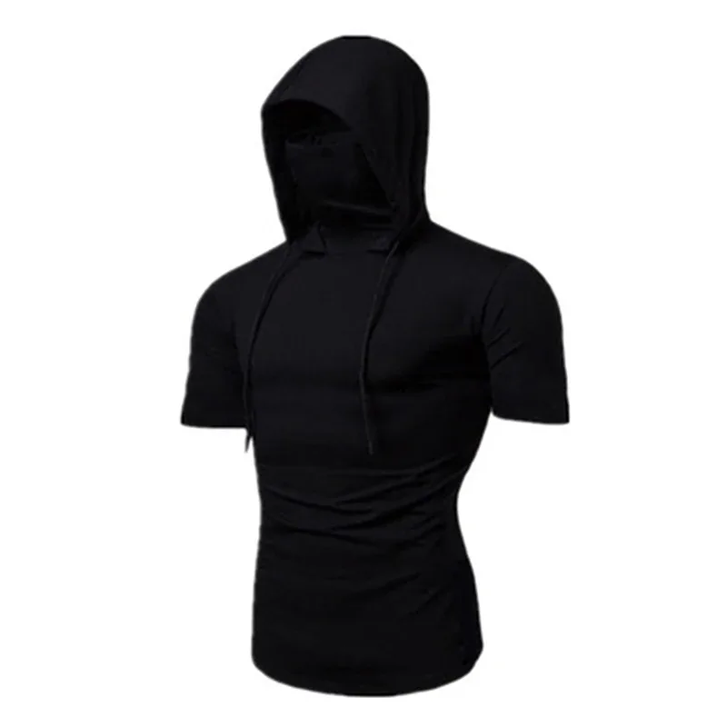 Men New Gym Thin Hoodie Short Sleeve Hoodies With Mask Sweatshirt Casual Splice Large Mask Hoodie Sweatshirt Hooded Tops Cycling