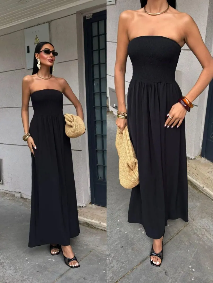 2026 Nieuwe zomermode effen kleur off-shoulder strapless taille-cinching lange jurk voor dames