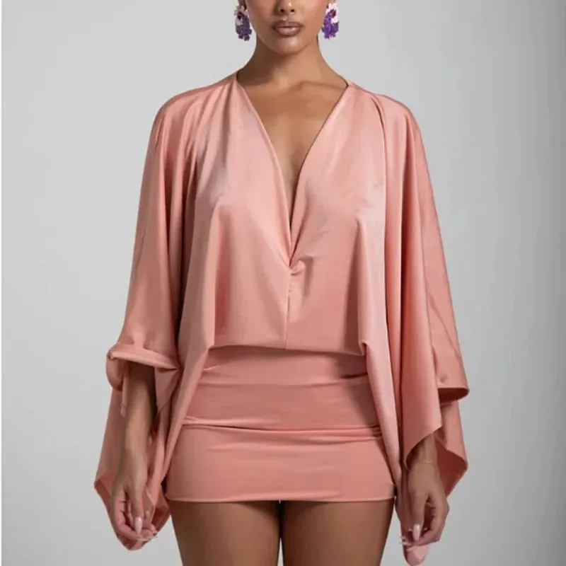 New Autumn Chic Deep V-Neck Boho Dress Retro Solid Spliced Flare Sleeve Prom Dress Spring Woman Club Elegant Slim Fit Mini Dress