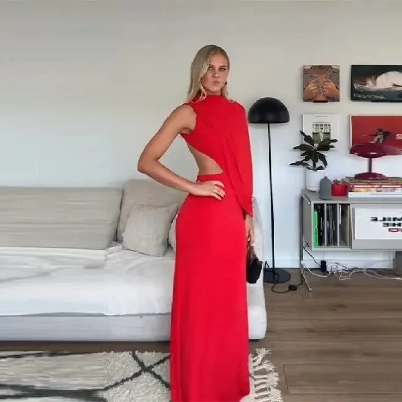 Gaun Maxi Tanpa Belakang Bertali Asimetri Merah Satu Bahu Potongan Leher Tinggi Gaun Malam Bodycon Untuk Pesta Rasmi Wanita