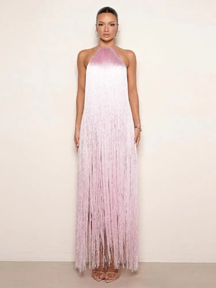 Vestido de festa feminino halter sem mangas sem costas borla sólida feminino longo vestidos de férias 2026 moda verão elegante senhora robe
