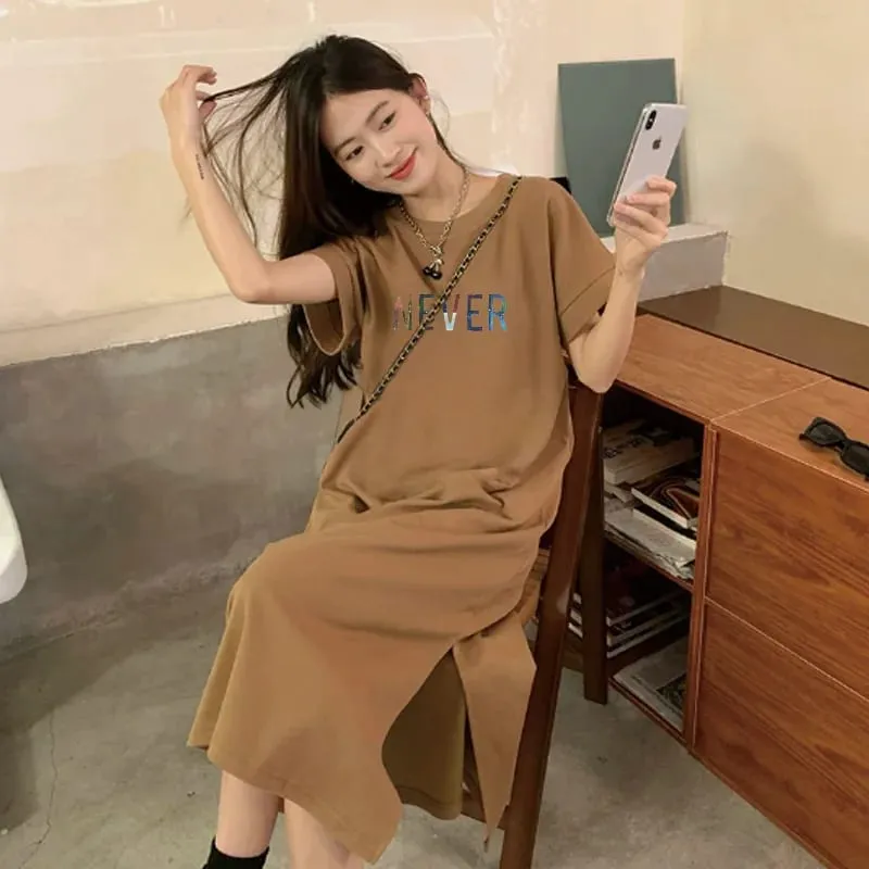 Summer Oversized Women Long T Shirt Dress White Round Neck Color Letter NEVER Print Casual Side Split Maxi Dress — image 3