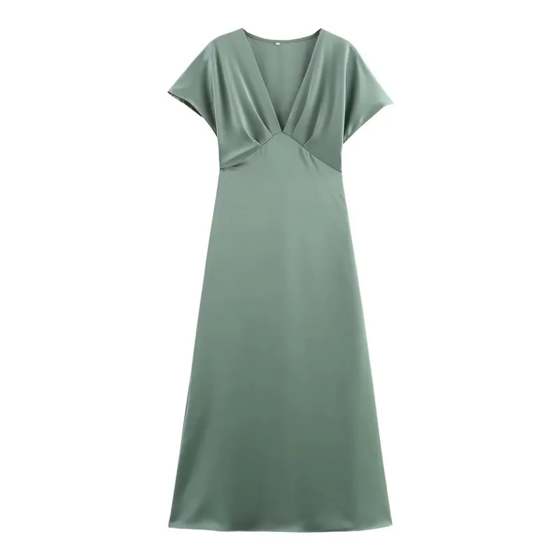 HH Women Elegant Solid Satin Dress Sexy V Neck Short Sleeve Midi Dress 2025 New Fashion Summer Lady Holidays Party Dress