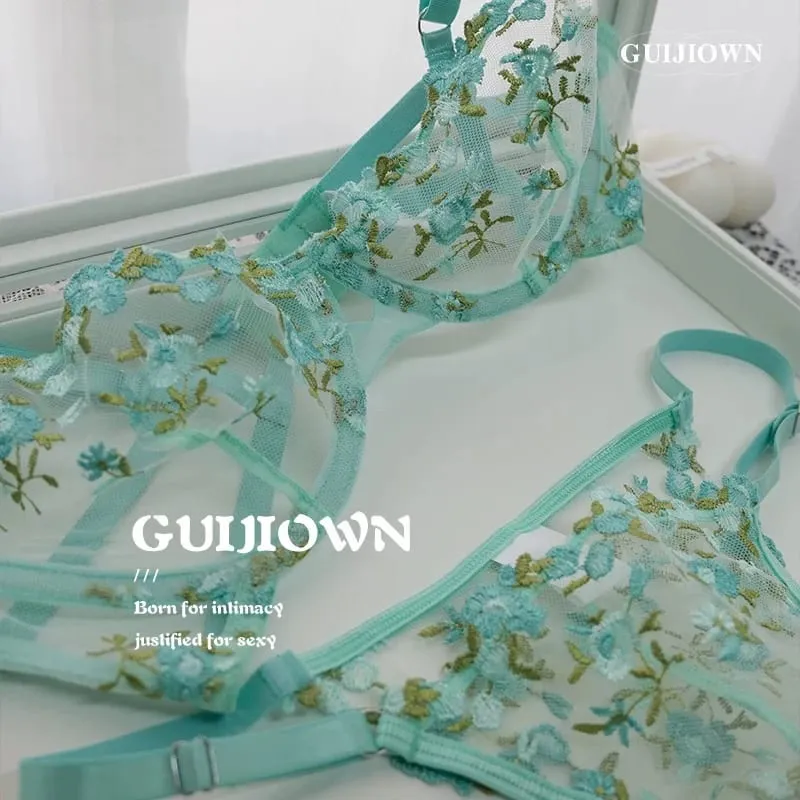 Everyday French Lace Bra Set Wireless Support Embroidered Flower Ultra Thin Breathable Comfort Hollow Out Lingerie BANERDANNI