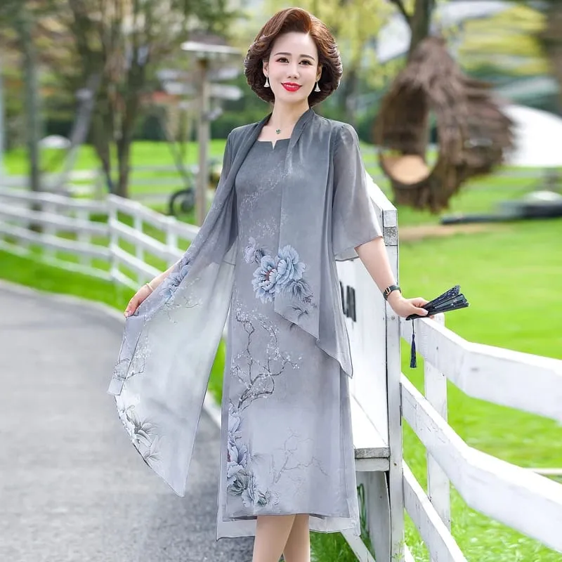 Fake two Summer Silk Middle Aaged Women Chiffon Short Sleeve Midi Dress Female Elegant Mother Dresses Vestitos — image 5