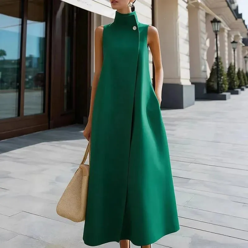 Simple Fashion Single Button High Neck Maxi Dress Women Spring Solid Pocket A-Line Long Dress Summer Sleeveless Bohemian Dresses