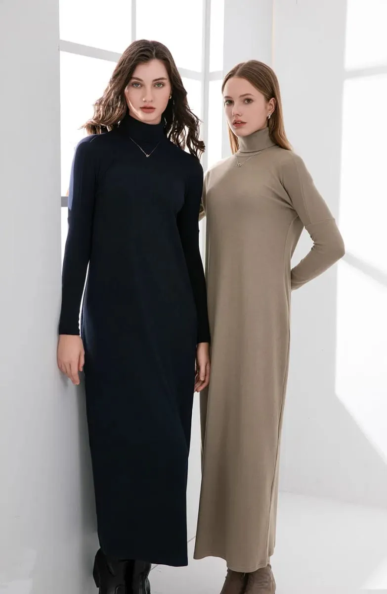 AS 2024 musim sejuk turteneck menebal ribbing dress lembut dan selesa asas turn-down collar maxi dress (Hantar keluar dalam 1 hari)