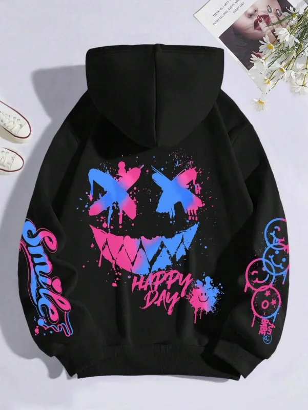 New Autumn Men's Personalized Smiling Face Print Comfortable Breathable Hooded Sweatshirt Outdoor Street Fashion Hooded Sweatshi — image 2