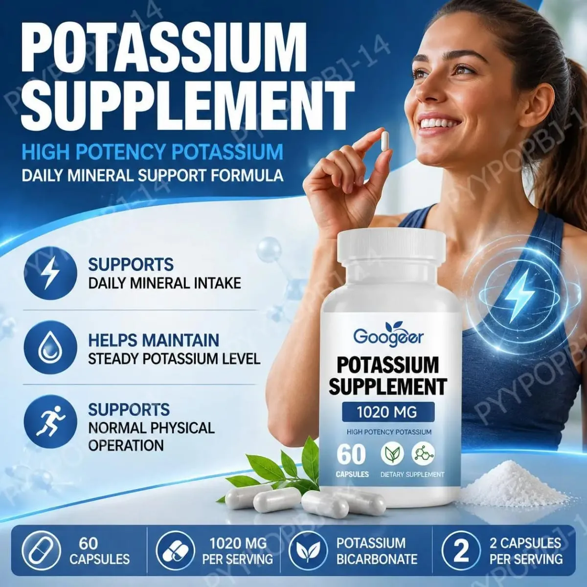 Kapsul Tambahan Kalium Googeer untuk Sokongan Jurang Mineral Harian 1020 Mg Setara Tahap Kalium Stabil 60 Kapsul — image 2