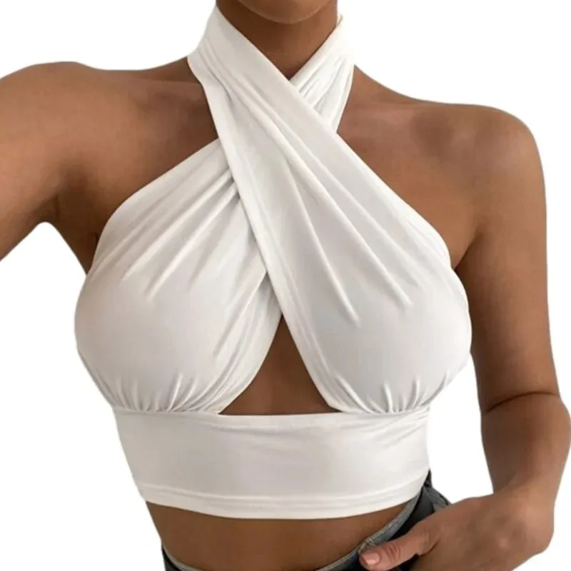 y2k Halter Top Women Summer Clothes Solid Color Sleeveless Backless Vest T Shirt 2000s Aesthetic Clothing Streetwear — image 2
