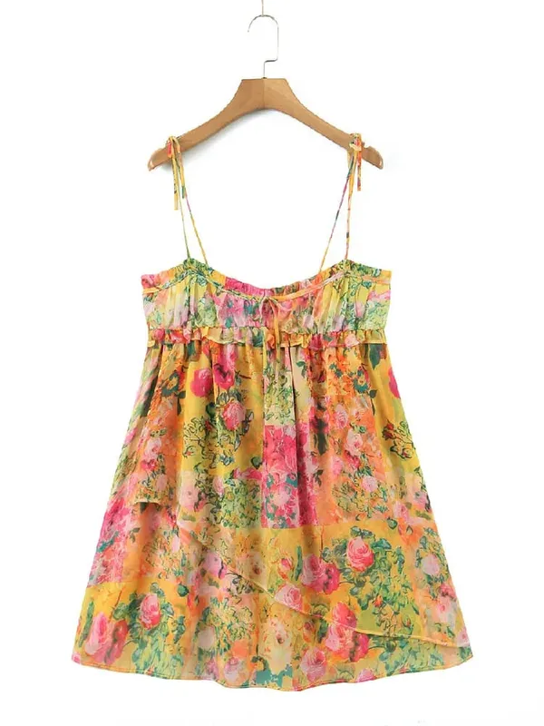 Women Bow Lacing up Sling Robe Holiday BOHO Ruched Chest Orange Flower Print Spaghetti Strap Mini Dress
