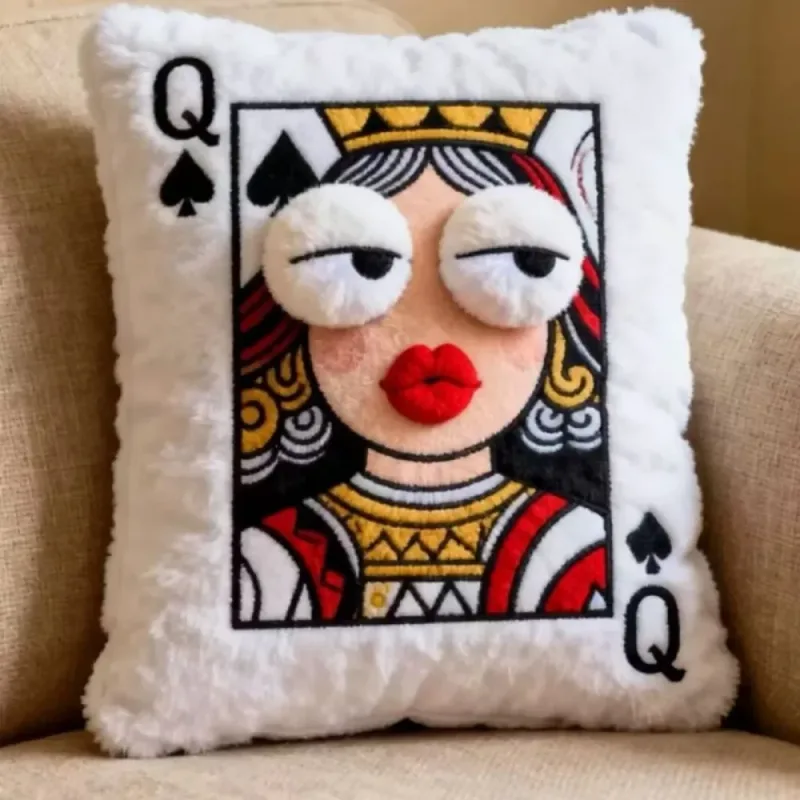 Patchwork Style Poker Card Cushion 3D Big Eyes Card Game Theme Plush Cushion High-Value Design Patchwork Pillow Gift Giving