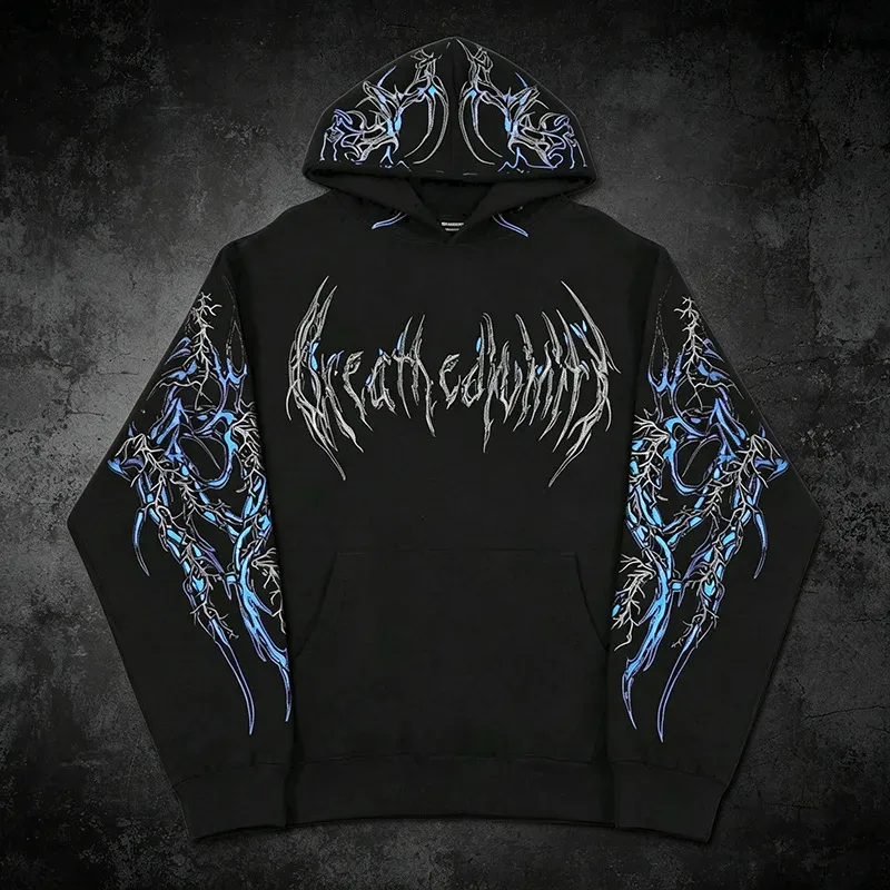 Men Alt Gothic Pullover Hoodie Y2k High Street American Style Dark Thorn Print Fleece Lined Loose Biker Fall Winter Sweatshirt