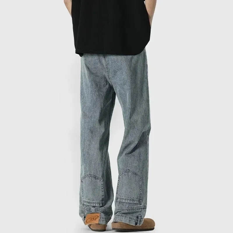 Autumn Men's High Street Fashion Baggy Jeans Reverse Pocket Design Straight Wide Leg Denim Trousers Solid Color Y2K Vintage Jean