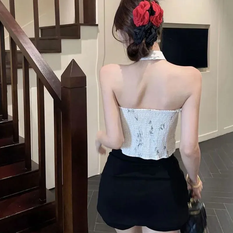 Summer Elegant Vintage Woman Clothing Print Halter Sleeveless Design Camis Tops Retro New Fashion Female Button Casual Chic Tops