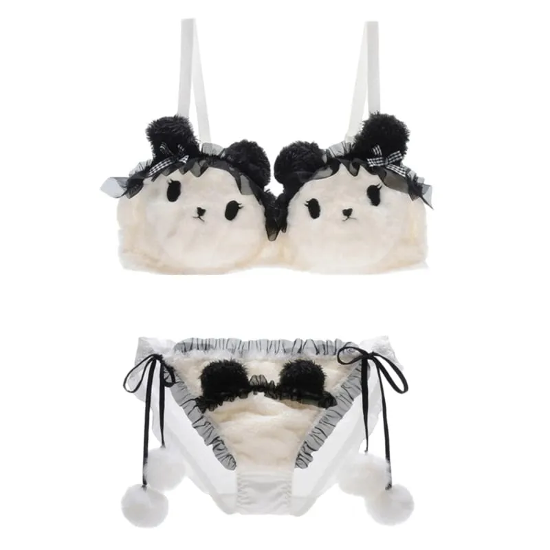 Lingerie invernale da donna con motivo panda a cartoni animati, reggiseno e mutandine in peluche peloso, biancheria intima per cosplay di anime giapponesi, scolaretta