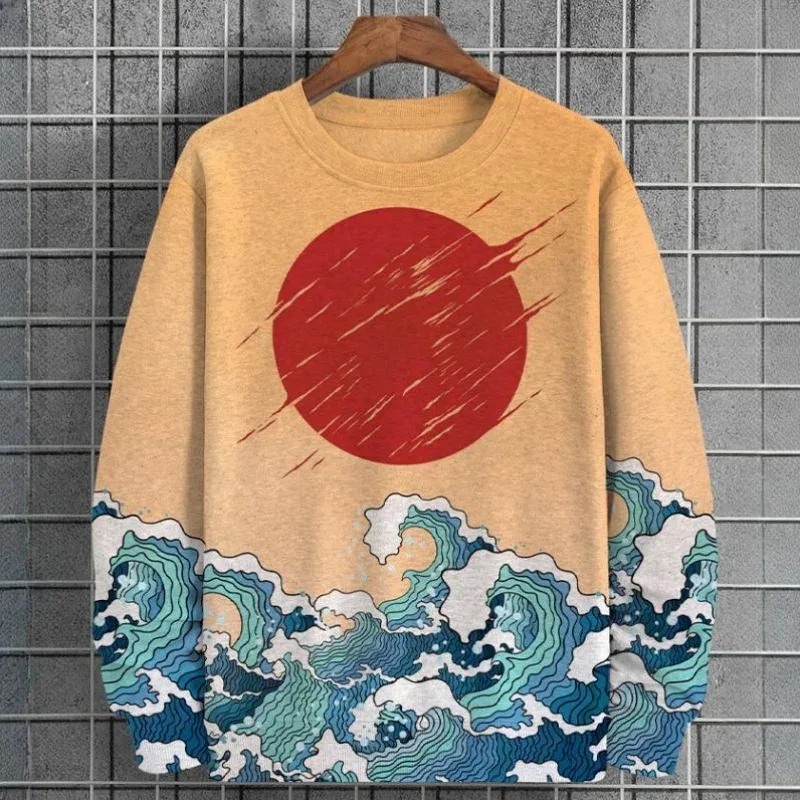 3D Print Ukiyoe Sea Wave Hoodie For Men Vintage Plant Graphic Pullover Autumn Long Sleeve Oversized Sweatshirt O-Neck Hoodies