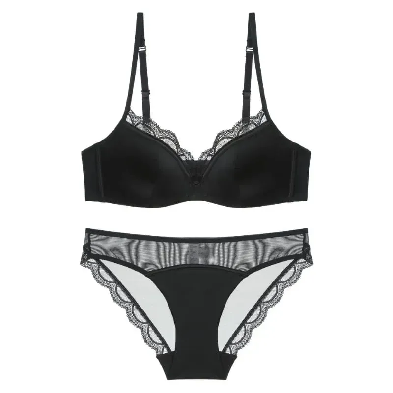 Women's Thin Smooth Satin Bra & Briefs Set Summer Solid Lace Decor Anti Sagging Lingerie Bra Sweet Underwear Suit Нижнее Белье