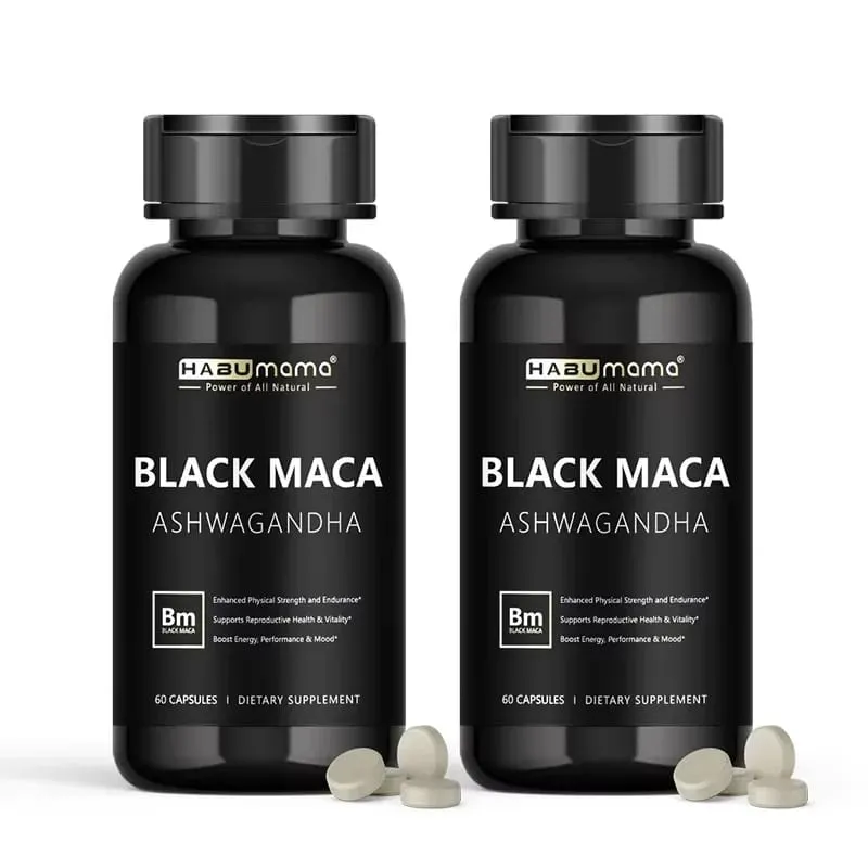 Akar Maca Hitam Organik + Suplemen Ekstrak Ashwagandha untuk Wanita & Lelaki Ketahanan Tenaga Tegang - Pil Vegan