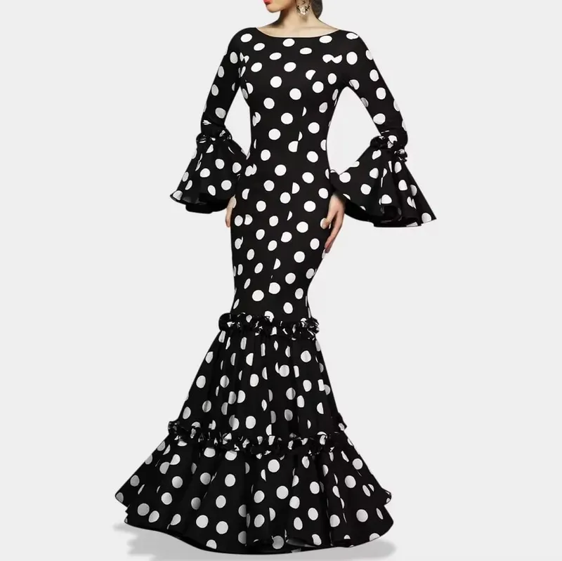 Elegant Party Long Dress Women Polka Dot Printed Ruffle Hem Sundress 2026 Bohemian Casual O-neck Flare Sleeve Slim Maxi Robe