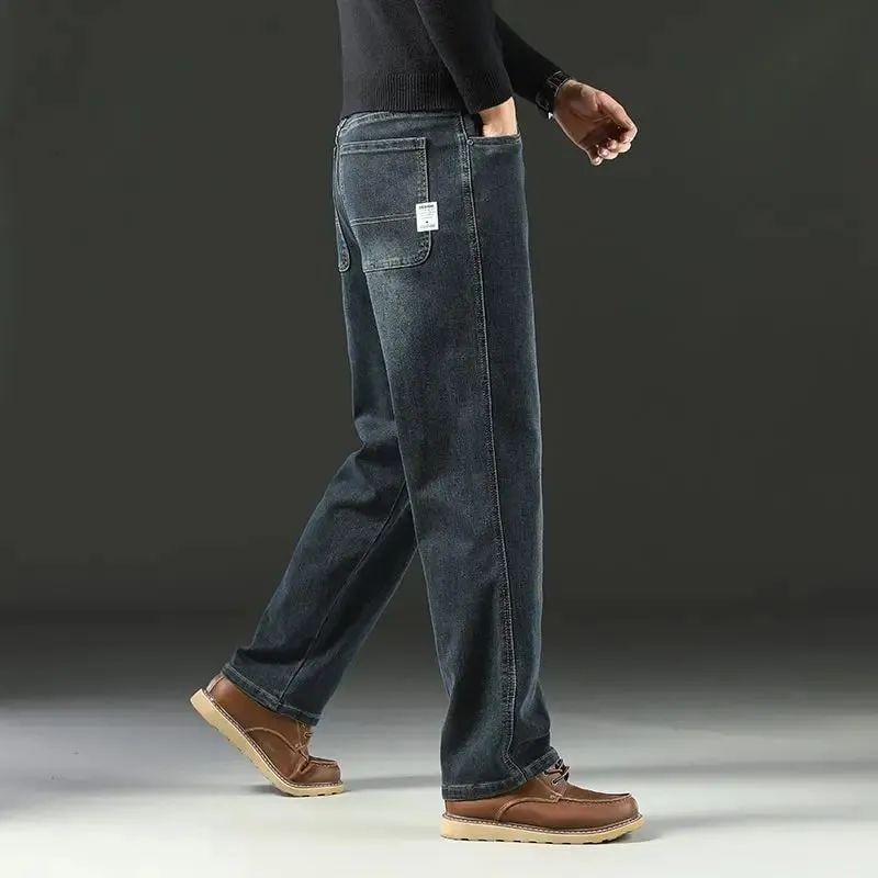 Men's Spring Autumn Soft Baggy Jeans Casual Straight Stretch Wide-Leg Business Denim Pants Versatile Comfortable Loose Trousers