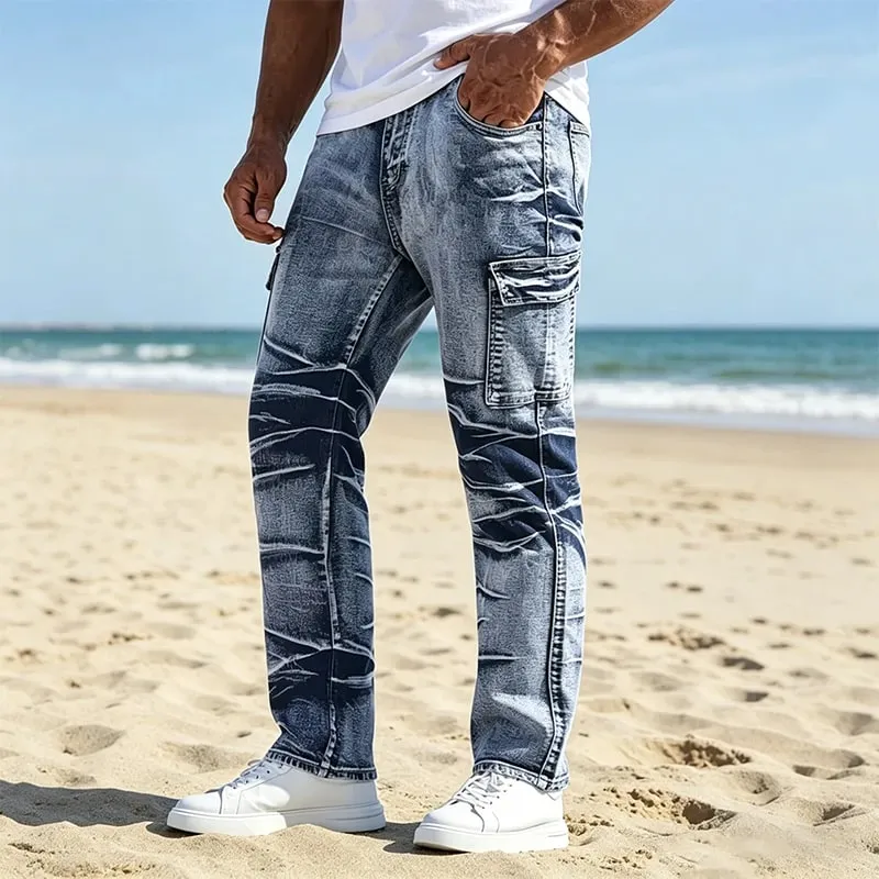 Men's Jeans Classic American Style Casual Multi Pocket Straight Leg Denim Man Pants All Season Fits