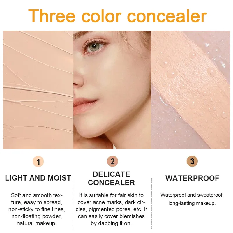 ZaiDoc 3 Colors Concealer Palette Full Coverage Long Lasting Cream Corrector for Acne Dark Circles Eye Bags Natural Makeup 15g Each