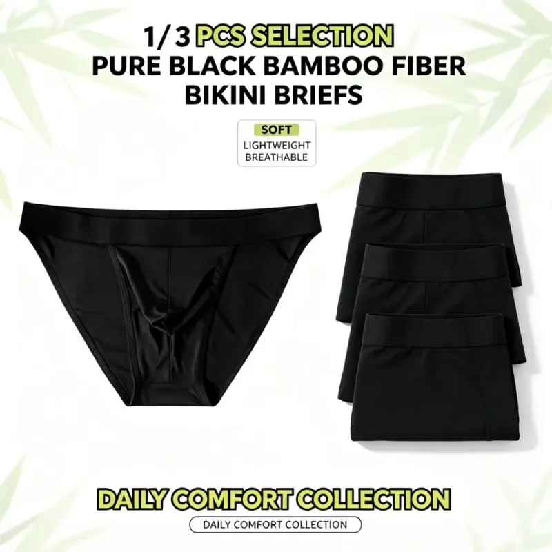 1 3-teiliges Set aus weicher Bambusfaser, hochgeschnittener Bikini-Slip für Herren, integrierter Beutel, feuchtigkeitsableitende Sportunterwäsche für das Training im Fitnessstudio