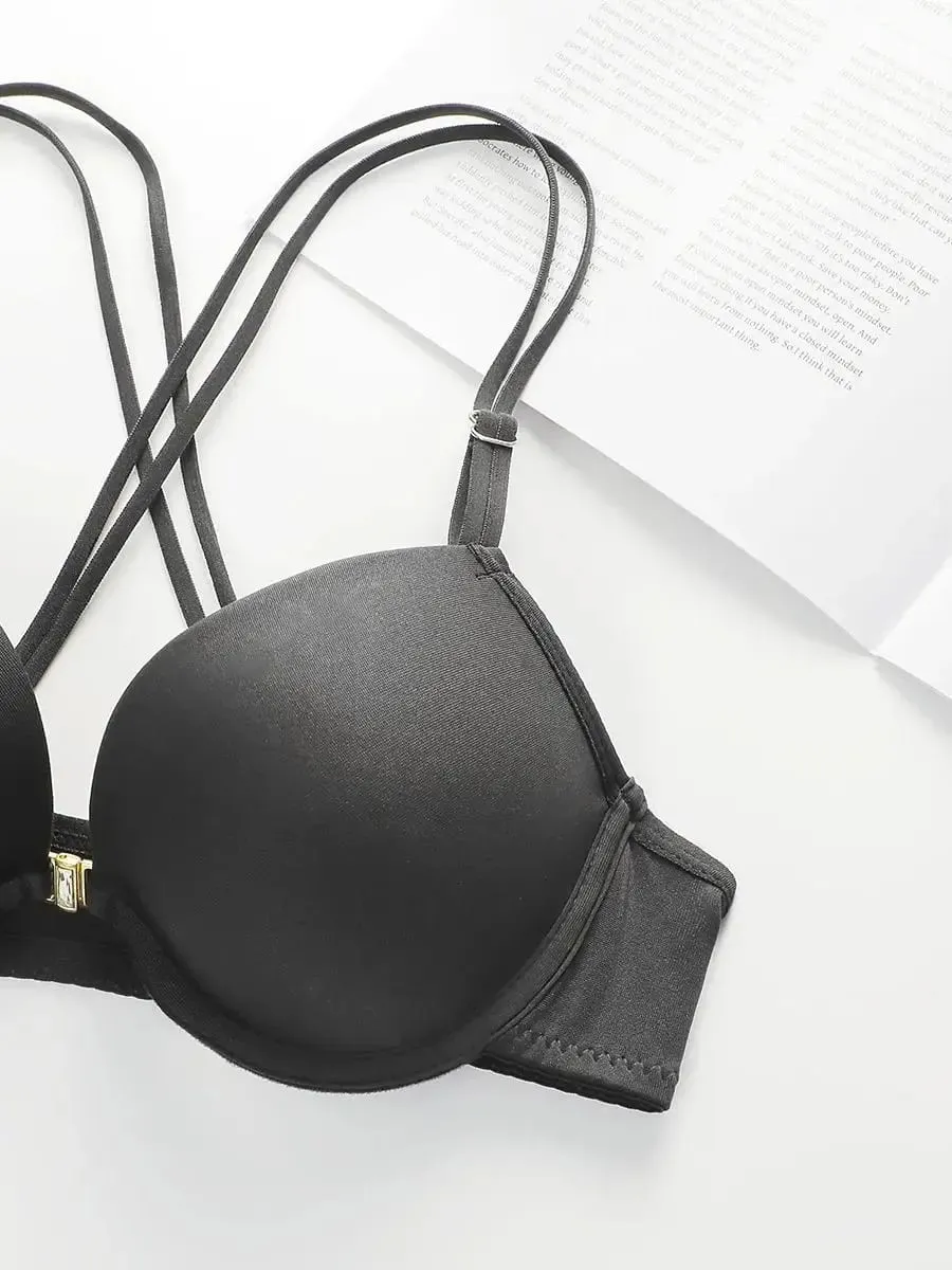 Women's Front Button Back Cross Strap Bra Set Gathering Push Ups Solid Color Lace Sexy Daily Comfort Casual Underwear Set A2159