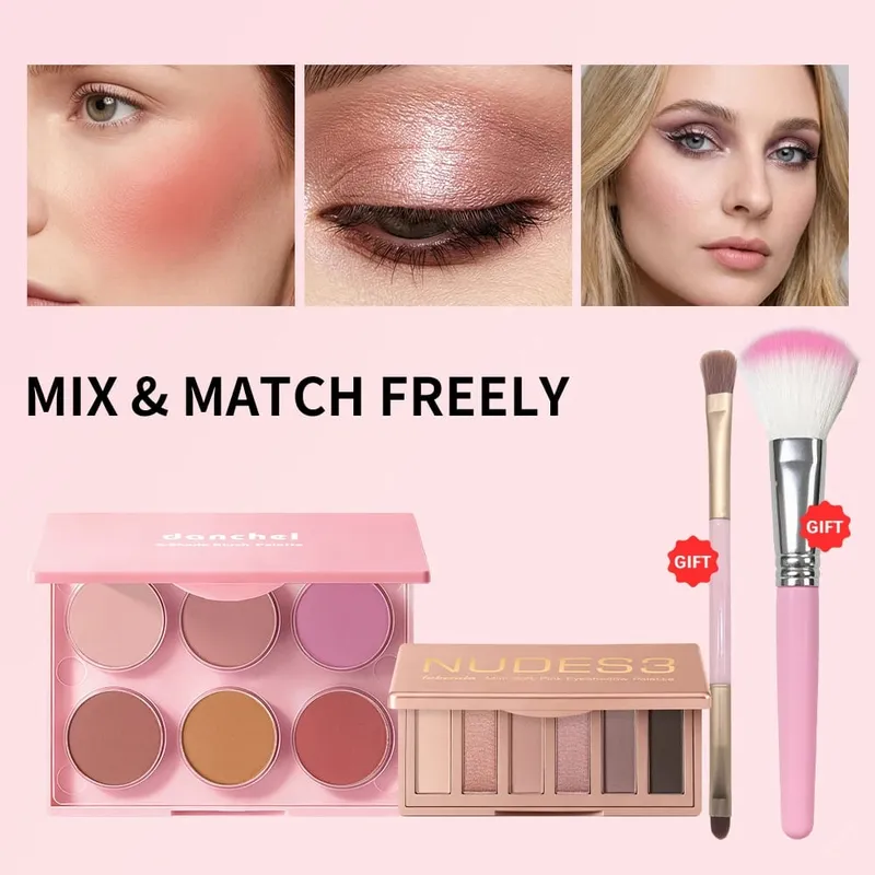 Matte Shimmer Nude Eyeshadow & 6 Tone Blush Powder Palette Langdurige mengbare gezichtsoogmake-upkit met applicatorborstels