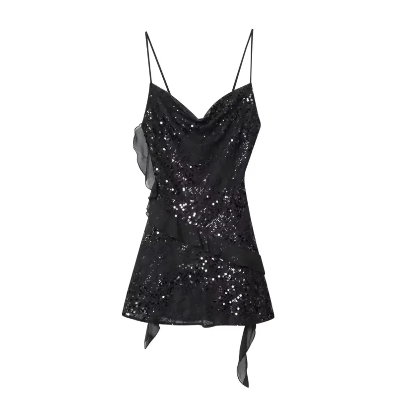 Sexy Chic Women Dress Solid Cami Backless Sequined Tierred Mini Short Dress Fashion 2025 Fall Evening Club Party Dress