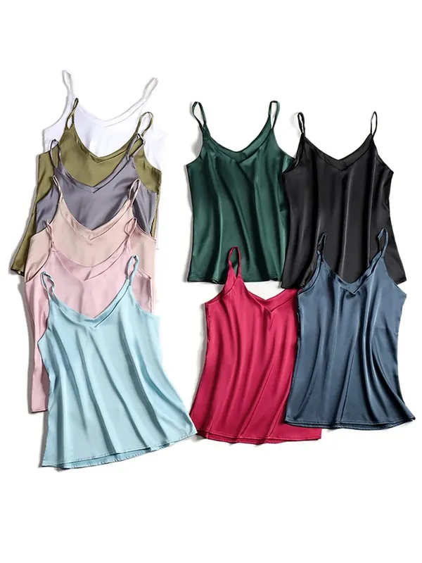 Spaghetti Strap Top Women Halter V Neck Basic White Cami Sleeveless Satin Silk Tank Tops Women'S Summer 2026 Camisole
