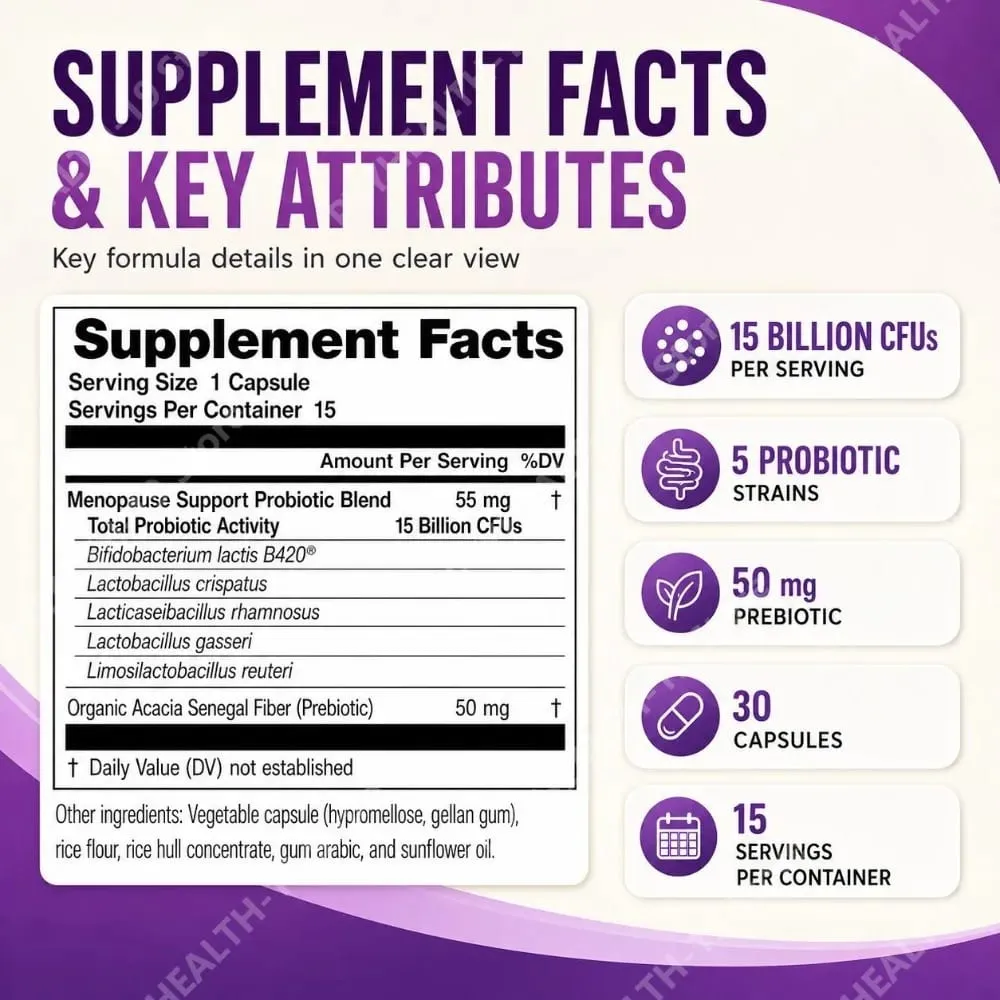 Menopause Total Support Probiotic Capsules 15 Billion CFU 5 Strains Prebiotic For Digestive Microbiome Wellness Adult 30 Count — image 3