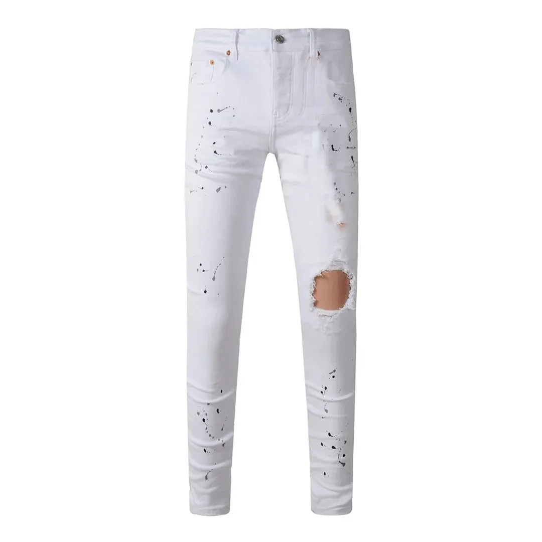 High Street Brand Men's Jeans American Distressed Coated Blank Stretch Skinny Button Fly Ripped Pants Trousers