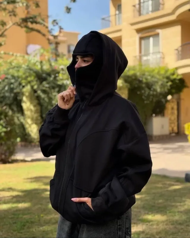 Pasamontañas moda personalidad Sudadera con capucha hombres Color sólido doble capa Sudadera con capucha Y2k Retro Hip Hop ropa de calle de invierno — image 2