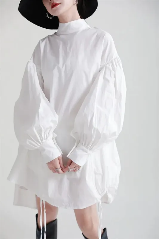 2025 Women Irregular Drawstring Big Size White Blouse New Stand Collar Long Sleeve Shirt Fashion Tide Spring Autumn — image 1