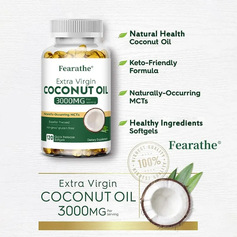 Extra Virgin Coconut Oil 3000mg 30/60/120 Softgels Expeller Pressed Supplement Support for Hair Nails & Skin Health Non-GMO